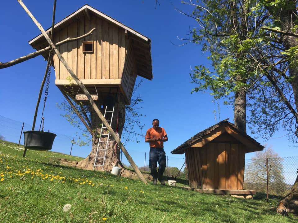 Patrick Laporte avec une poule, fondateur de Des Plumes et des Pattes